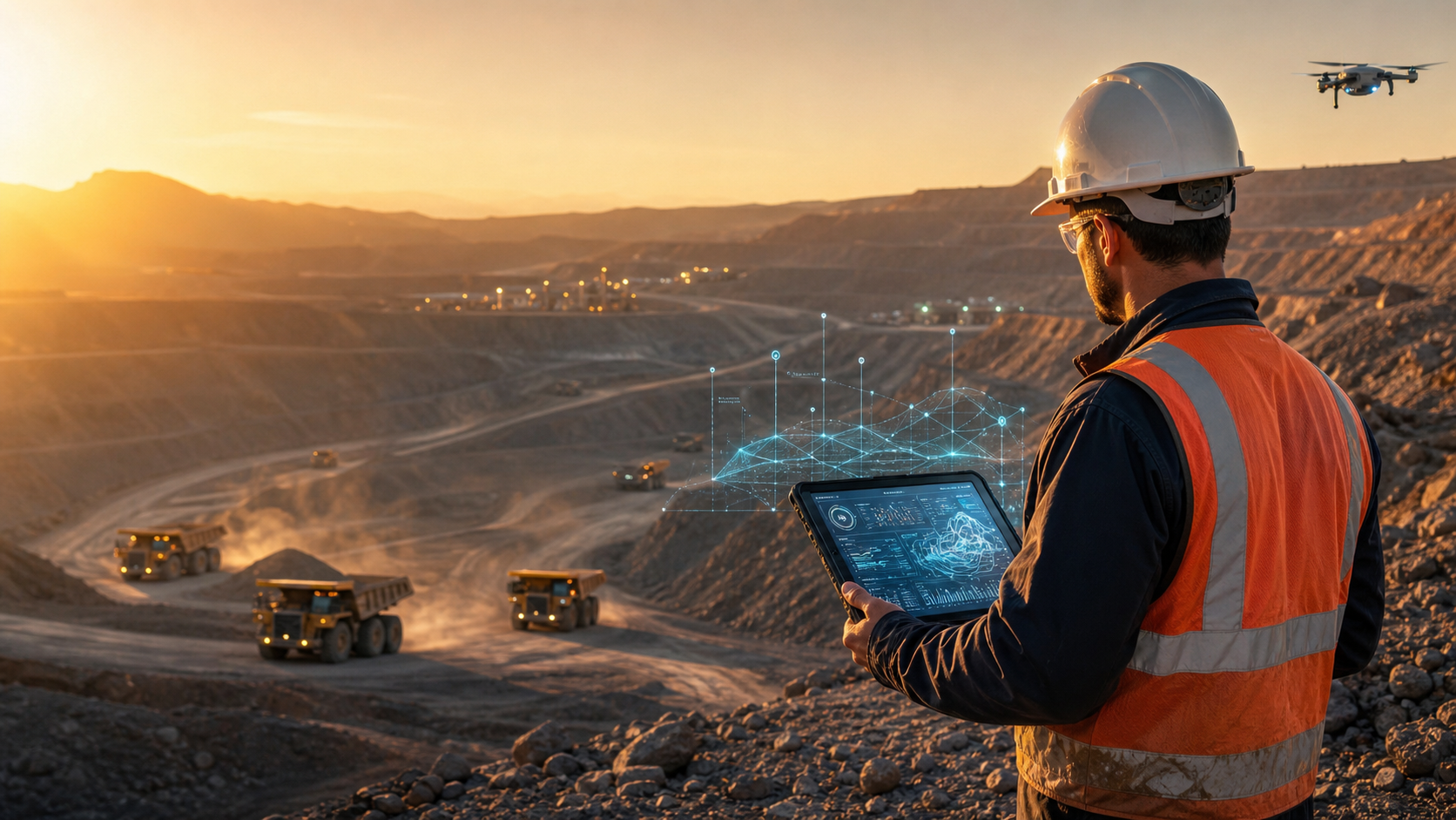 Mining technology consultant reviewing digital operational data at a modern mine site